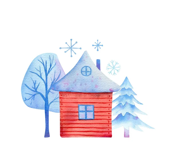 Illustrazione Acquerello Con Casa Con Camino Albero Hoarfrost Albero Natale — Foto Stock