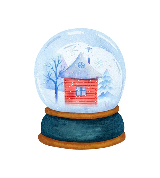 Watercolor Snow Globe House Christmas Tree Hoarfrost Illustration Blue Snow — Stock Photo, Image