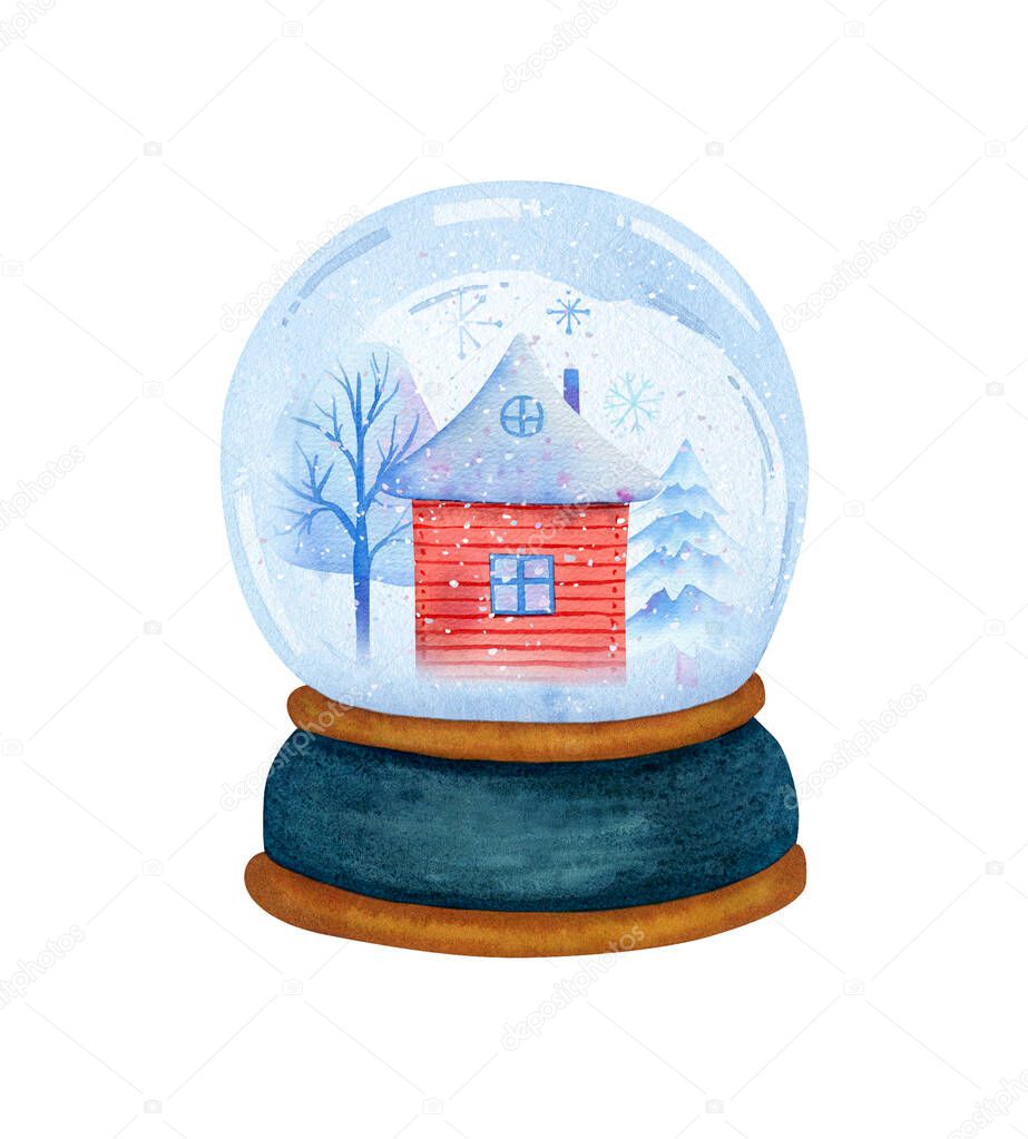 Watercolor snow globe with house, christmas tree, hoarfrost. Illustration with blue snow bubble for christmas decor, new year greeting cards, winter souvenirs