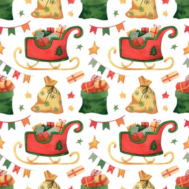 Kızaklı kusursuz desen, hediyeli Noel Baba 'nın çantası renkli hediyeler, bayraklar, yıldızlar, noel için ambalaj kağıdı, tekstil, tatil süslemeleri.