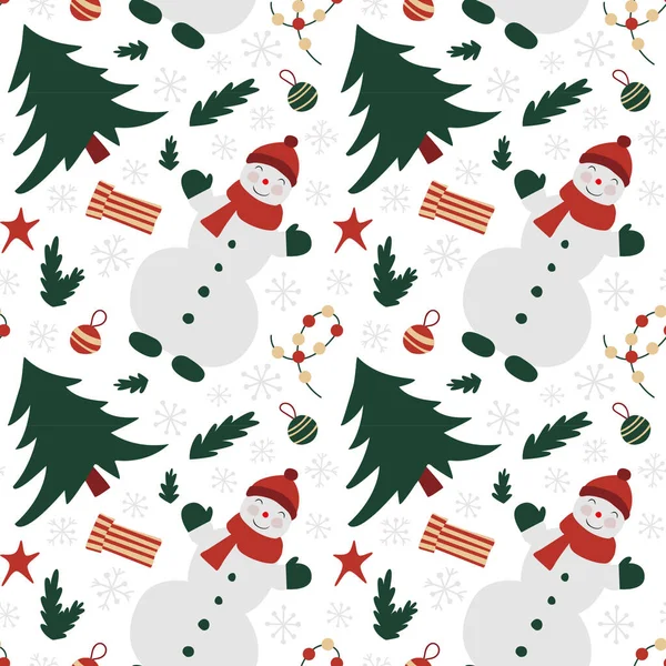 Seamless Pattern Christmas Tree Snowman Hat Scarf Garland Christmas Decorations — Stock Vector