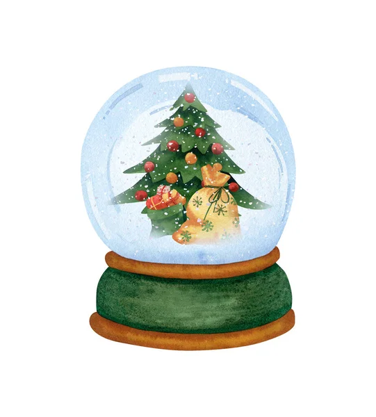 Snow Globe Christmas Tree Bag Presents Gift Boxes Watercolor Illustration — Stock Photo, Image