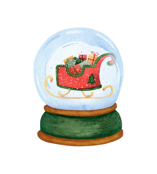 Świąteczna Kula Śnieżna Saniami Mikołaja Prezentami Pudełkami Prezentów Ilustracja Akwarela — Zdjęcie stockowe