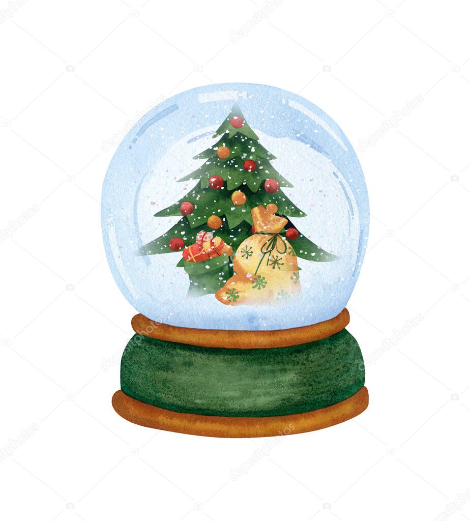 Snow globe with christmas tree, bag with presents, gift boxes. Watercolor illustration for greeting cards, posters, winter decorations