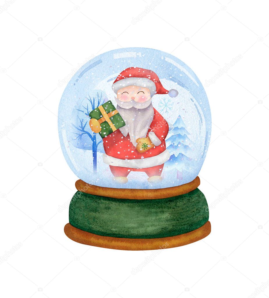 Watercolor snow globe with santa claus, christmas tree and hoarfrost. Hand drawn illustration for greeting cards, souvenirs, winter decor