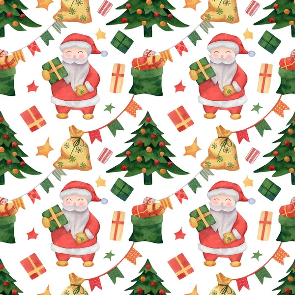Seamless Pattern Santa Claus Christmas Tree Garland Flags Present Gift — Stock Photo, Image