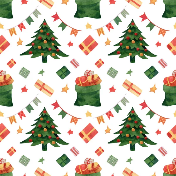 Nahtloses Muster Mit Weihnachtsbaum Tasche Mit Geschenken Geschenkschachteln Girlanden Fahnen — Stockfoto
