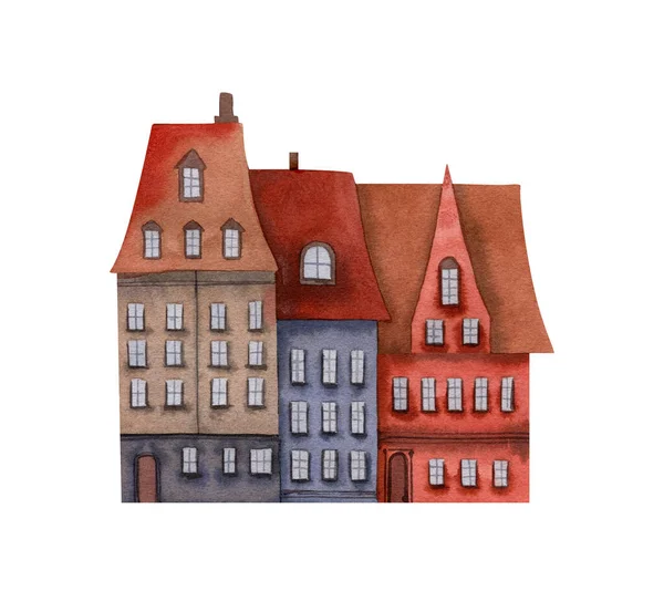 Watercolor Street Brick Old Houses Illustration European Town Roof Tiles — Stock Photo, Image