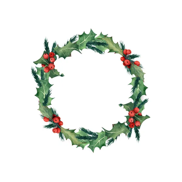 Christmas Wreath Watercolor Illustration Holly Berries Christmas Tree Branches Oval — Stock Photo, Image
