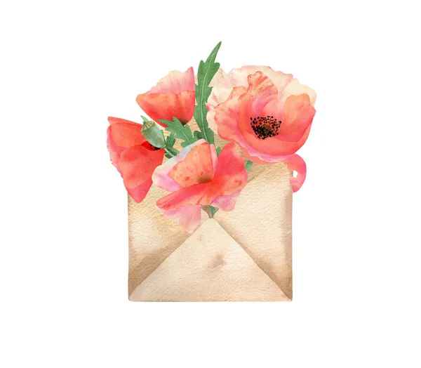 Envelope Poppies Watercolor Botanical Illustration Red Pink Poppy Flower Leaf — Stock Photo, Image