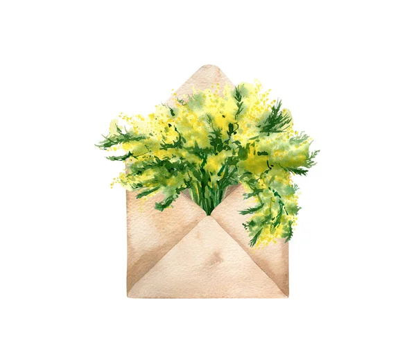 Boríték Mimóza Csokorral Akvarell Botanikai Illusztráció Sárga Tavaszi Virág Kártyák — Stock Fotó