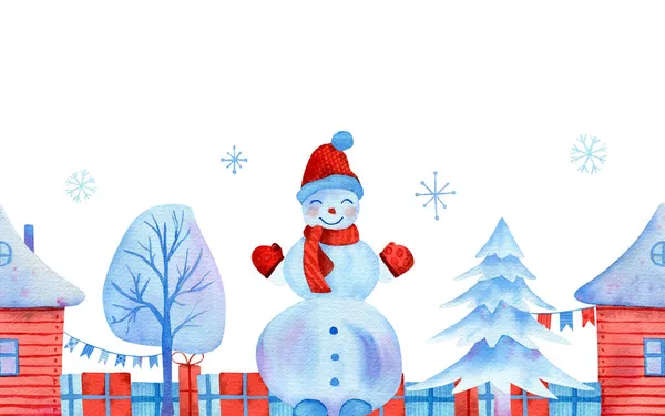 Απρόσκοπτη Σύνορα Σπίτι Santa Claus Χιονάνθρωπος Χριστουγεννιάτικο Δέντρο Γιρλάντες Σημαίες — Φωτογραφία Αρχείου