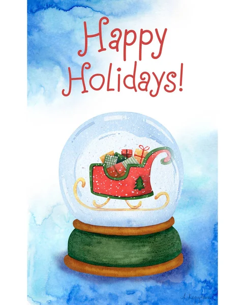 Akvarell Karácsonyi Kártya Hógömb Mikulás Claus Szán Ajándékok Ajándékok Boldog — Stock Fotó