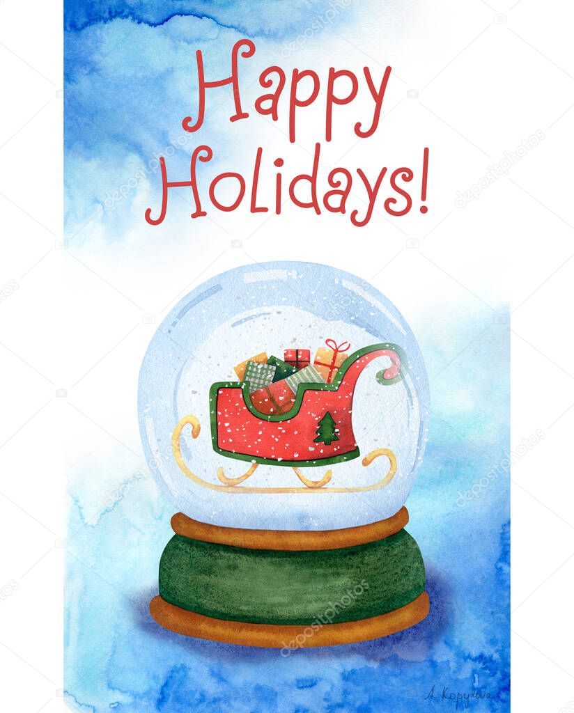Watercolor Christmas card with snow globe, santa claus sleigh , gifts, presents, happy holidays lettering