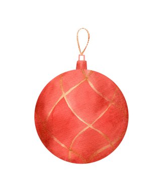 Yeni yıl suluboya oyuncak illüstrasyonu. Kırmızı ve altın renklerde Noel ağacı süslemesi beyaz üzerine izole edilmiş.