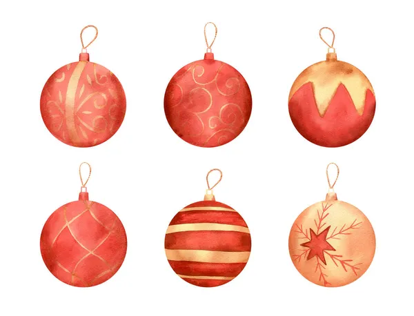 Suluboya Noel ağacı süslemeleri. Kırmızı ve altın renkli yeni yıl oyuncakları koleksiyonu