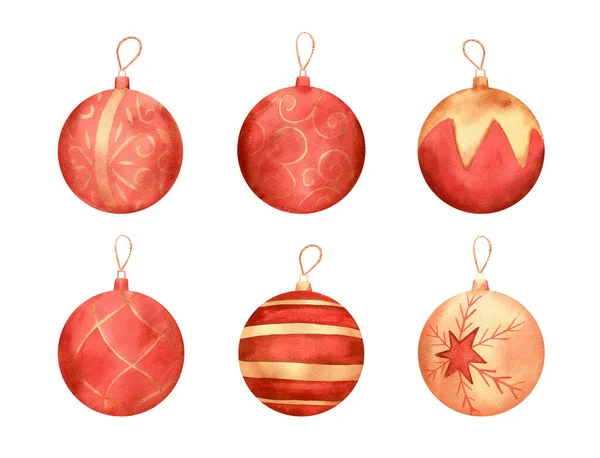 Aquarela Decorações Árvore Natal Conjunto Coleção Com Brinquedos Ano Novo — Fotografia de Stock