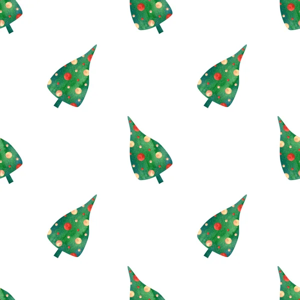 スタイリッシュなクリスマスツリーとシームレスな水彩パターン 子供のテキスタイル 包装紙のための緑のシンプルな漫画のイラストの背景 — ストック写真