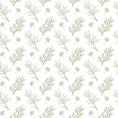 Dereotlu kusursuz vektör deseni, tekstil ve kumaş için yeşillikli bitkisel arkaplan