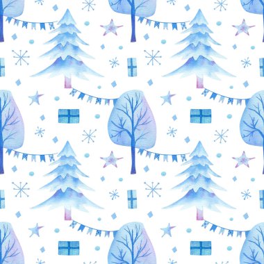 Noel ağacı, çelenk, çelenk, bayrak, hediyeler, hediye kutuları, yıldızlar, konfeti. Kış ambalaj kağıdı ve Noel dekorasyonu için mavi renklerde suluboya arkaplan