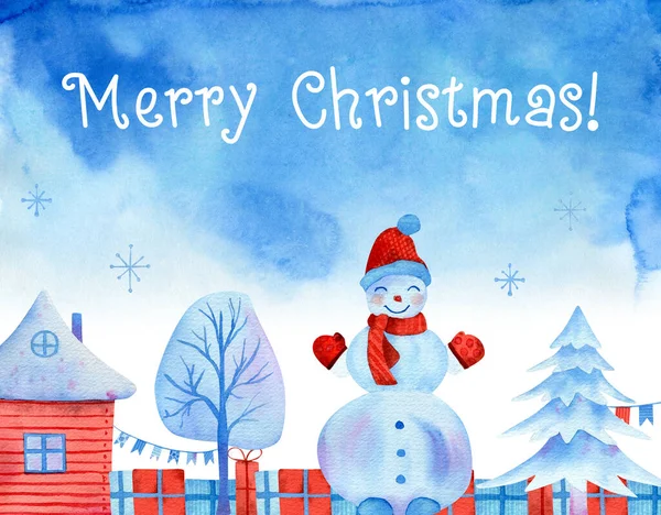 Υδατογραφία Χριστουγεννιάτικη Κάρτα Χιονάνθρωπο Santa Claus Σπίτι Χριστουγεννιάτικο Δέντρο Hoar — Φωτογραφία Αρχείου