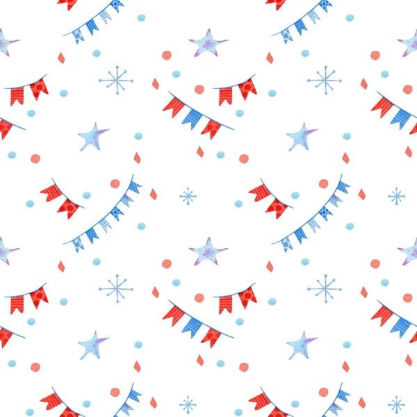 Naadloos Kerstpatroon Met Sneeuwvlokken Slinger Vlaggen Sterren Confetti Aquarelachtergrond Voor — Stockfoto