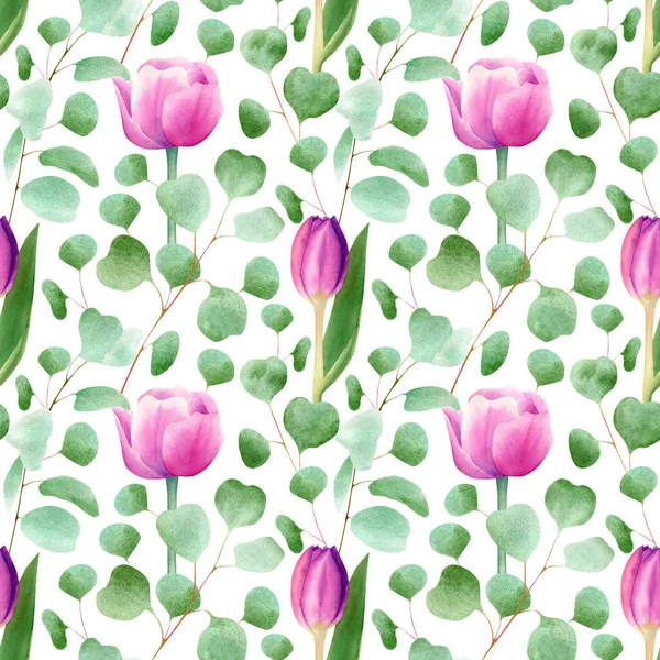Nahtlose Tulpenblüten Und Eukalyptusblättermuster Aquarell Floraler Hintergrund Grünen Und Violetten — Stockfoto