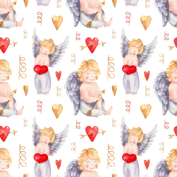 Seamless cupids pattern. Watercolor background with cute cupid child with wings and heart in hands, arrow, garlands and confetti for fabric, valentines day wrapping