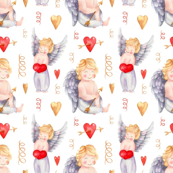 Kusursuz cupids deseni. Ellerinde kanatları ve kalbi olan suluboya çocuk, kumaş için ok, çelenk ve konfeti, sevgililer günü ambalajı