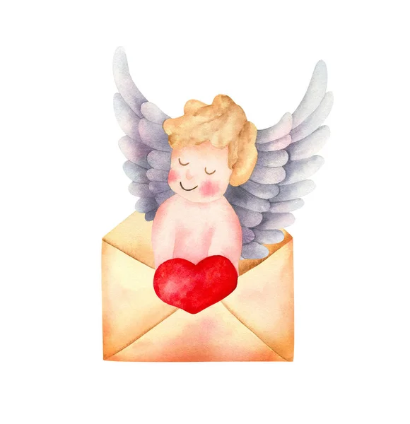 Cupidon Avec Ailes Avec Cœur Dans Enveloppe Illustration Aquarelle Pour — Photo