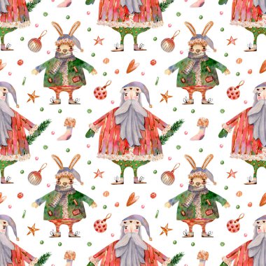Kusursuz suluboya Noel Baba deseni. Şenlikli karakterli suluboya arkaplan, Noel Baba ve yardımcı tavşan, tavşan, kalp, süslemeler. Yıldızlar, konfeti