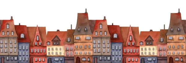 Seamless City Town Horizontal Border Watercolor Illustration Brick Houses Roof — Stock Fotó