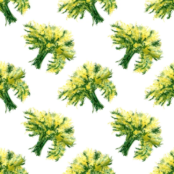 Seamless Mimosa Flowers Bouquet Pattern Watercolor Floral Background Spring Decorations — стоковое фото