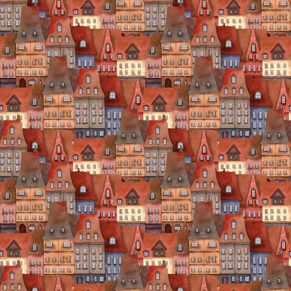 Seamless Brick Houses Pattern Watercolor Architecture Background Town City Roof — Stock Fotó