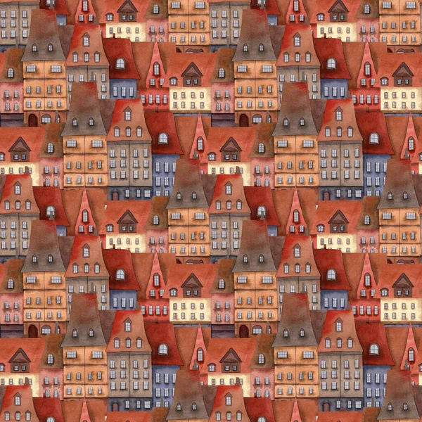 Seamless brick houses pattern, Watercolor architecture background with town, city, roof tiles for wrapping paper, kids wallpaper, souvenirs 