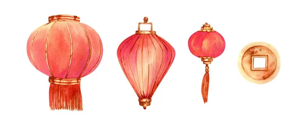 Lanternas Aquarela Definido Lanterna Papel Chinês Cores Vermelhas Douradas Moeda — Fotografia de Stock