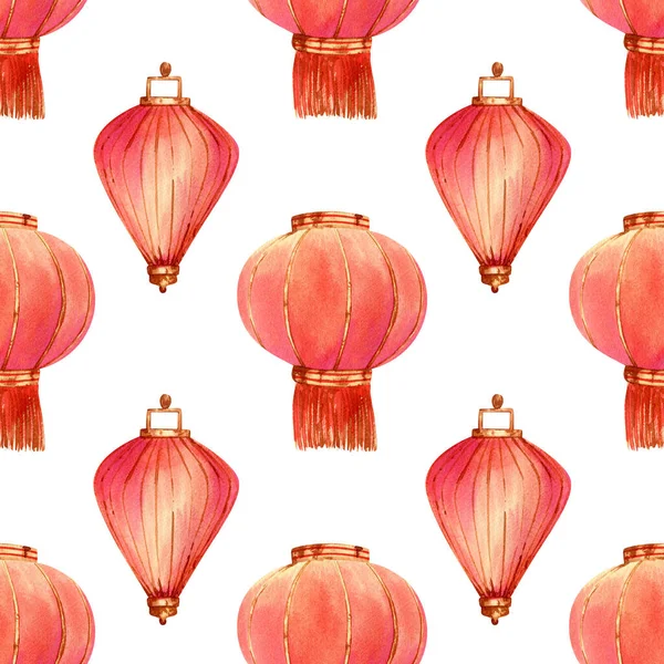 Seamless Paper Lanterns Pattern Watercolor Background Red Gold Chinese Lantern — Zdjęcie stockowe
