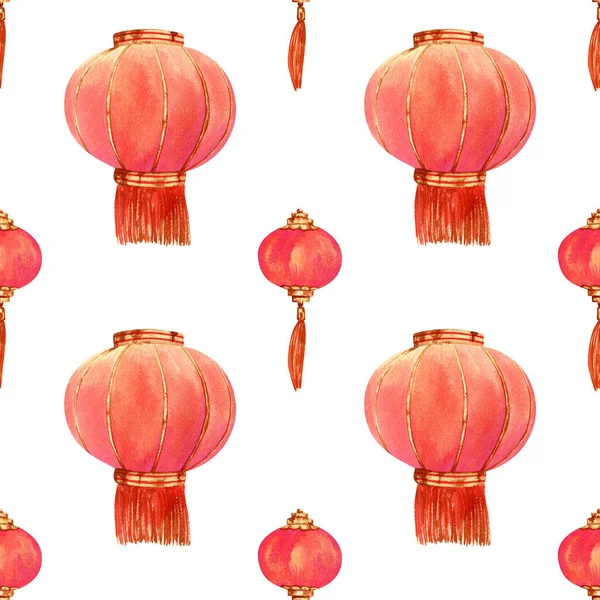 Seamless chinese lanterns pattern. Watercolor background with red and gold paper lantern for new year decorations, holidays wrapping paper