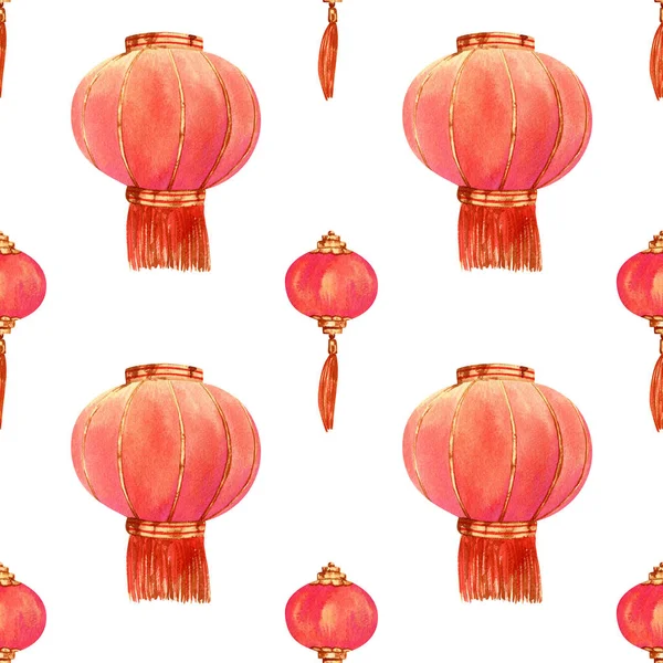 Seamless Chinese Lanterns Pattern Watercolor Background Red Gold Paper Lantern — Stock Fotó
