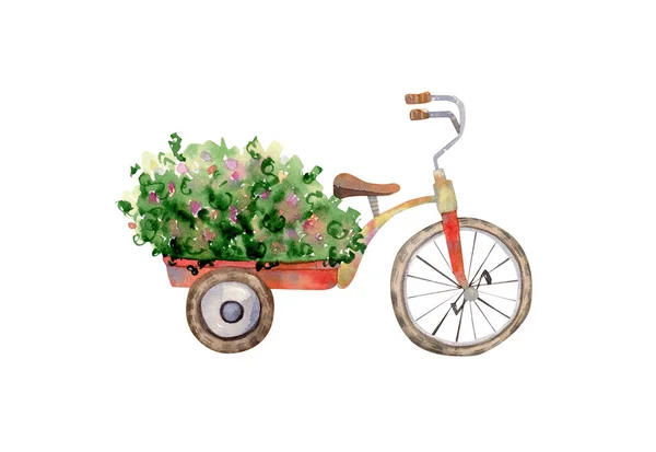 Akvarell Cykel Med Kropp Vagn Med Blommor Vintage Stil Tecknad — Stockfoto