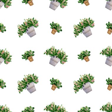 Kusursuz çiçek deseni. Çiçekli suluboya botanik arka plan, tekstil için demir kovada bitkiler, ambalaj kağıdı, duvar kağıdı