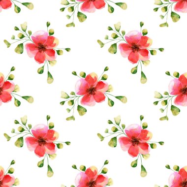 Kusursuz gül deseni. Kırmızı ve pembe çiçekli suluboya arkaplan, yaprak, dal. Tekstil, ambalaj kağıdı, düğün süslemesi için botanik çizimi