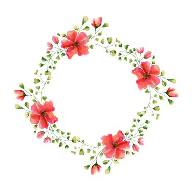 Suluboya gül çelengi. Kırmızı çiçekli ve yeşil yapraklı botanik illüstrasyon ve düğün davetiyeleri için şube kompozisyonu, tebrik kartları