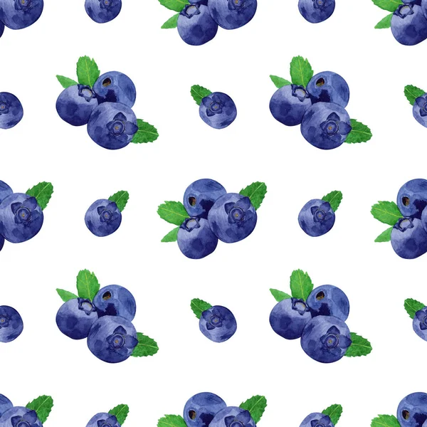 Seamless blueberry pattern. Watercolor background with bright blue and violet berries with leaves for fabric, wrapping paper, cafe decor, food illustration