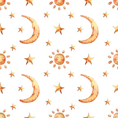 Ay, güneş ve yıldızlarla kusursuz bir desen. Suluboya çocuk arkaplanı, çocuklar için karikatür çizimi tekstil, duvar kağıdı, ambalaj kağıdı.
