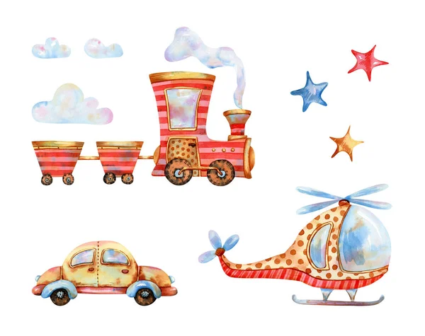 Akvarelové Dětské Hračky Vlak Párou Lokomotiva Vrtulník Retro Auto Mraky — Stock fotografie