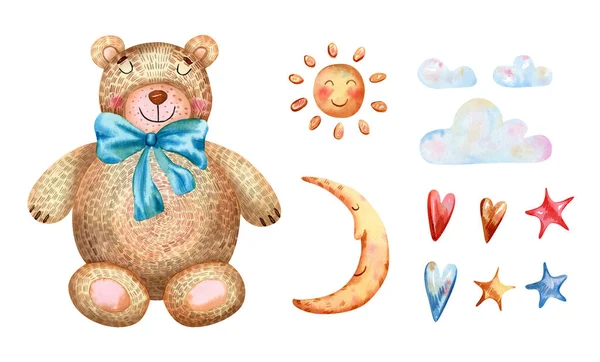 Niedliches Kinderspielzeug Mit Teddybär Sonne Mond Wolken Herzen Sternen Aquarell — Stockfoto