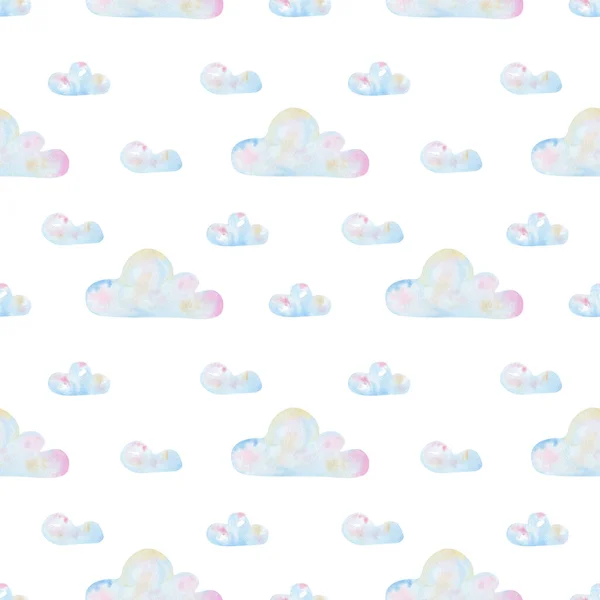 Seamless watercolor clouds pattern. Kids background in delicate colors with cute illustrations for children textile, wallpaper, wrapping paper
