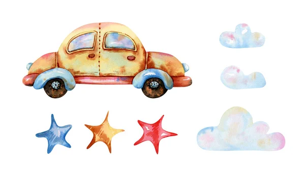 Illustration Jouets Voiture Aquarelle Jouet Voiture Jaune Étoiles Nuages Pour — Photo