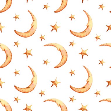 Kusursuz ay ve yıldız deseni. Altın sarısı arkaplanlı suluboya kağıtlar, çocuklar tekstil, duvar kağıtları